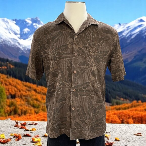 Pussers West Indies Brown Floral Silk Cotton Shirt Medium Hawaiian Camp Collar - Picture 1 of 10